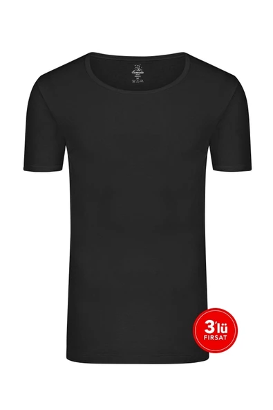 Erkek Pamuklu Sıfır Yaka Tshirt 3'lü Paket - Siyah - 2