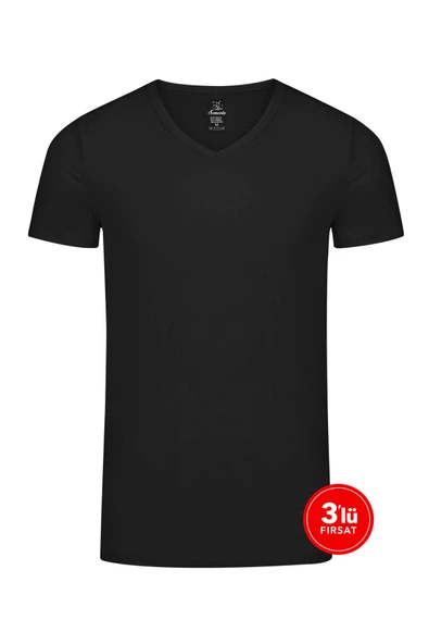 Erkek Modal V Yaka Tshirt 3'lü Paket - Siyah