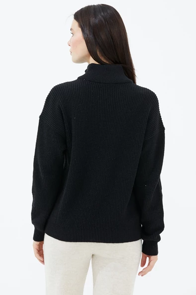 Yarım Balıkçı Yaka  Fermuarlı Yün Triko Kazak - Siyah - Resim 4