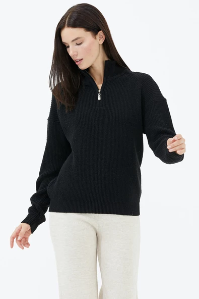 Yarım Balıkçı Yaka  Fermuarlı Yün Triko Kazak - Siyah - Resim 3