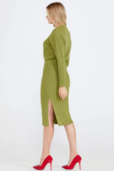 Lastik Örgülü Kadın Triko Etek - Yeşil - 3