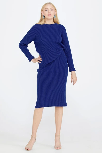 Lastik Örgülü Kadın Triko Etek - Saks - 2