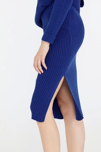 Lastik Örgülü Kadın Triko Etek - Saks - 3