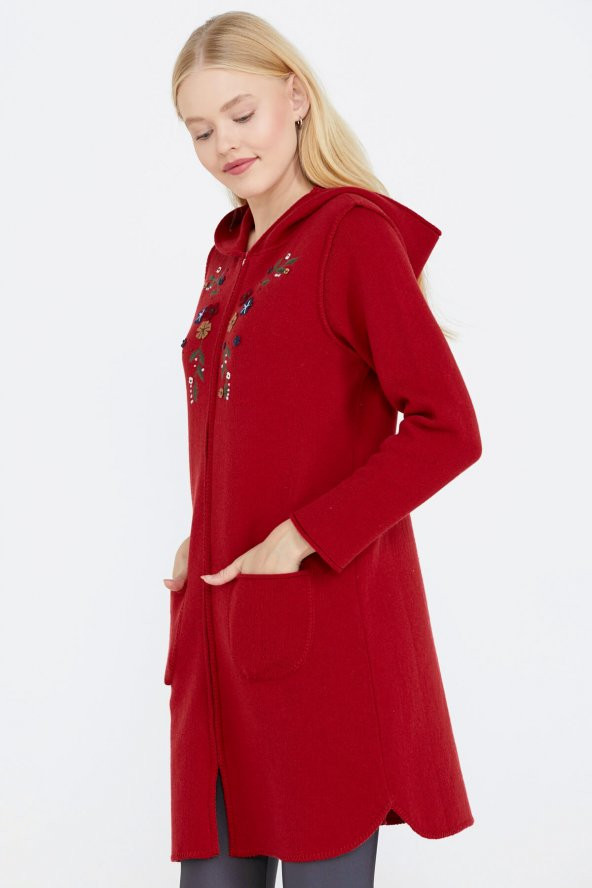Nakış Desenli Kapüşonlu Kadın Triko Ceket - Kırmızı