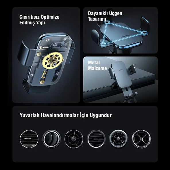 Baseus Yuvarlak Havalandırma Uyumlu Araç İçi Telefon Tutucu, Sarsılmaz, Titremez, Mercedes, Audi Uym - 7