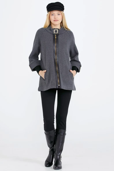 Toka Detaylı Fermuarlı Kadın Triko Ceket - Koyu Gri - Siyah - Resim 3