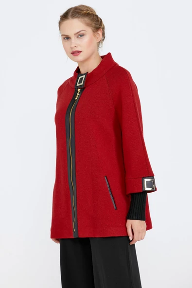 Toka Detaylı Fermuarlı Kadın Triko Ceket - Kırmızı - Siyah - Resim 2