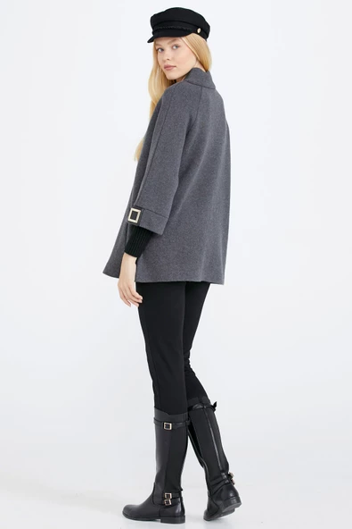 Toka Detaylı Fermuarlı Kadın Triko Ceket - Koyu Gri - Siyah - Resim 4