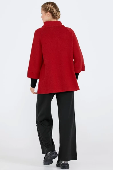 Toka Detaylı Fermuarlı Kadın Triko Ceket - Kırmızı - Siyah - Resim 4