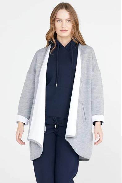 Cepli İki Renk Hırka - Gri - Beyaz - 2