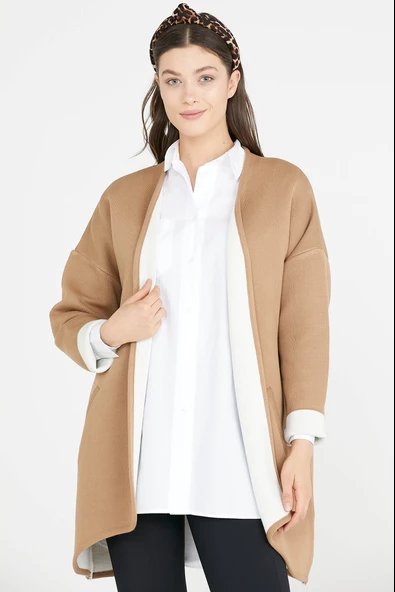 Cepli İki Renk Hırka - Kamel- Kemik - 2