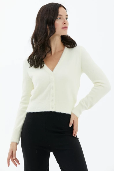 V Yaka Düğmeli Triko Hırka - Kemik - Resim 2