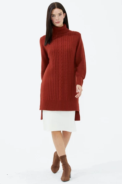 Tam Balıkçı Yaka Triko Tunik - Kiremit - Resim 2