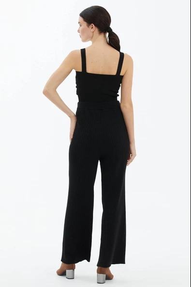 Fitilli Triko Pantolon - Siyah - Resim 4