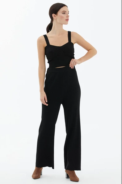 Fitilli Triko Pantolon - Siyah - Resim 3