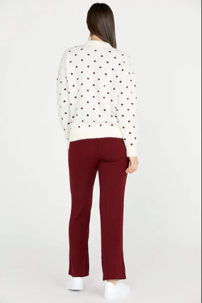 Fitilli Triko Pantolon - Bordo - Resim 3