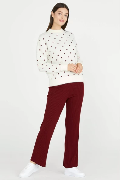 Fitilli Triko Pantolon - Bordo - Resim 2