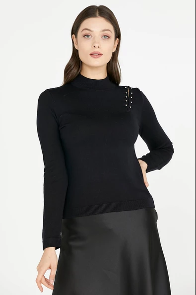 Omuz Aksesuarlı Triko Kazak - Siyah ürün görseli 1