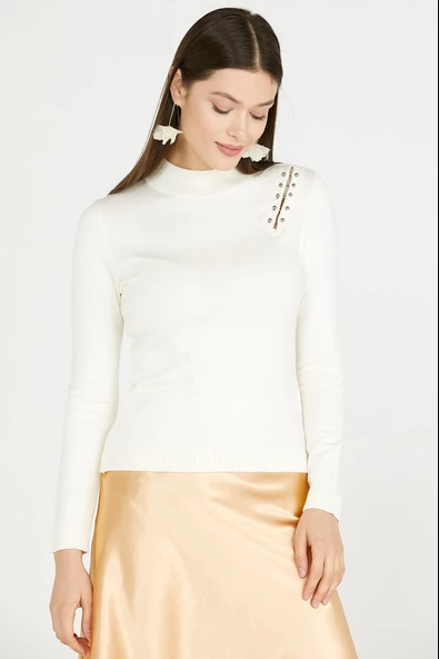 Omuz Aksesuarlı Triko Kazak - Kemik ürün görseli 1