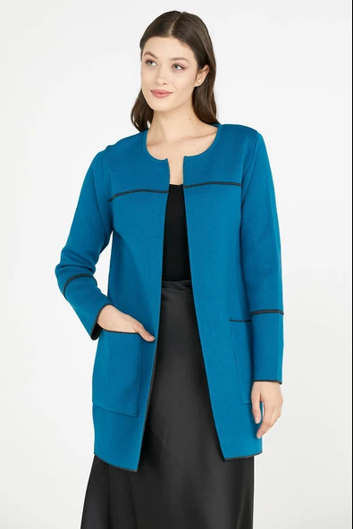 Uzun Triko Ceket - Koyu Turkuaz - Antrasit - Resim 2