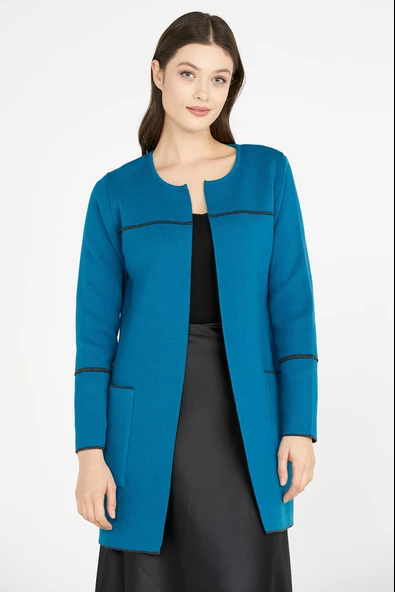 Uzun Triko Ceket - Koyu Turkuaz - Antrasit ürün görseli 1