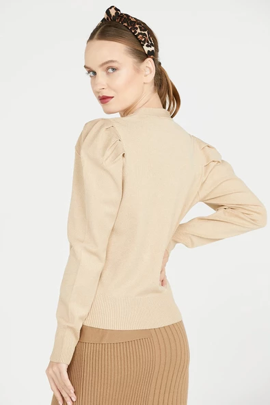 Balon Kol Triko Hırka - Kamel - Resim 3