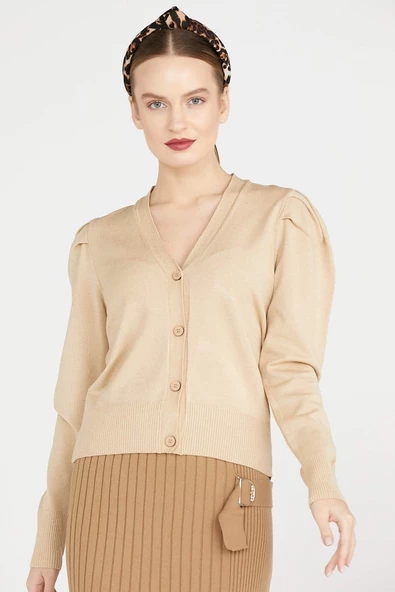 Balon Kol Triko Hırka - Kamel - Resim 2