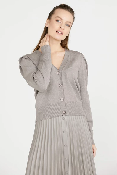 Balon Kol Triko Hırka - Vizon - Resim 4