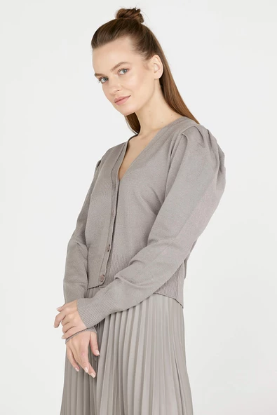 Balon Kol Triko Hırka - Vizon - Resim 2