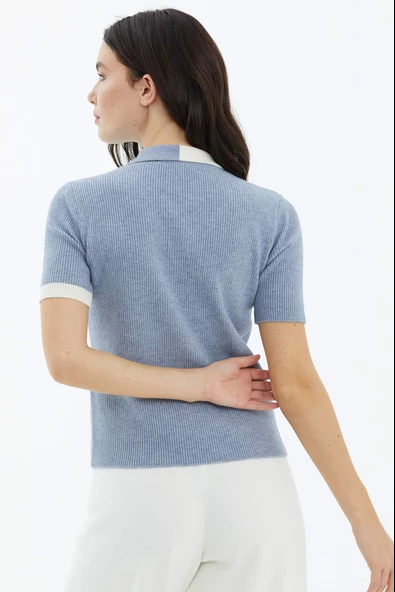 Polo Yaka Patlı Düğmeli Kısa Kollu Triko Kazak - Mavi - Resim 4