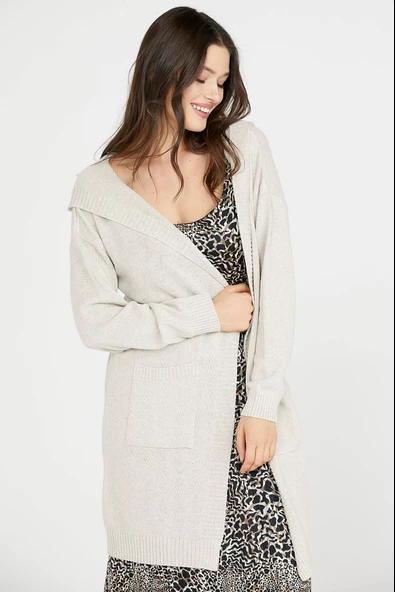 Kapüşonlu Uzun Triko Hırka - Açık Bej ürün görseli