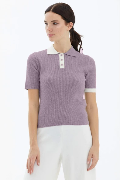 Polo Yaka Patlı Düğmeli Kısa Kollu Triko Kazak - Gül ürün görseli 1