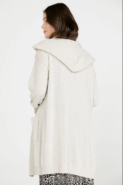 Kapüşonlu Uzun Triko Hırka - Açık Bej - Resim 5