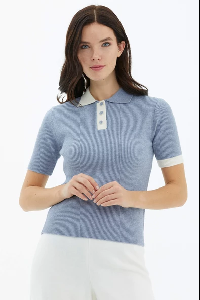 Polo Yaka Patlı Düğmeli Kısa Kollu Triko Kazak - Mavi ürün görseli