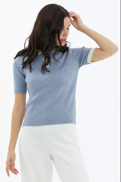 Polo Yaka Patlı Düğmeli Kısa Kollu Triko Kazak - Mavi - Resim 3
