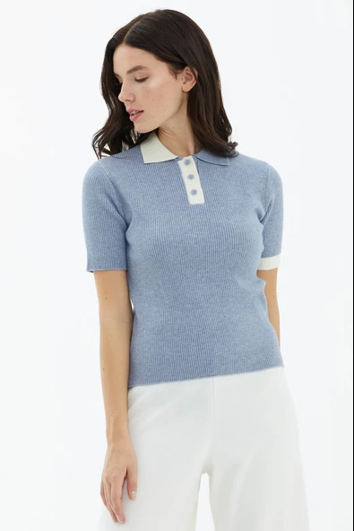 Polo Yaka Patlı Düğmeli Kısa Kollu Triko Kazak - Mavi - Resim 2