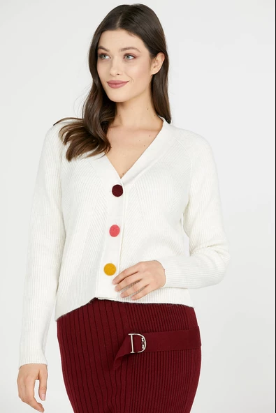 Renkli Düğmeli Triko Hırka - Kemik ürün görseli