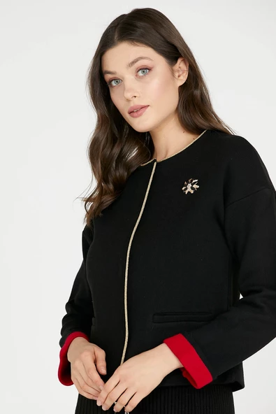 Sim Detaylı Kısa Triko Ceket - Siyah - Kırmızı - Resim 2