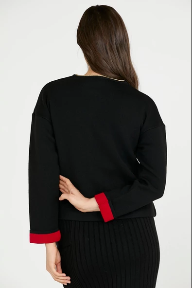 Sim Detaylı Kısa Triko Ceket - Siyah - Kırmızı - Resim 4