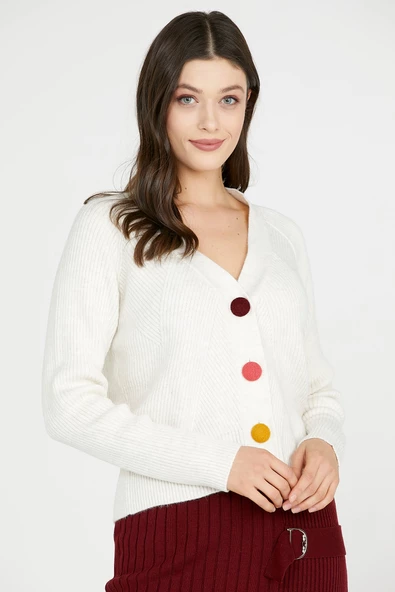 Renkli Düğmeli Triko Hırka - Kemik - Resim 2