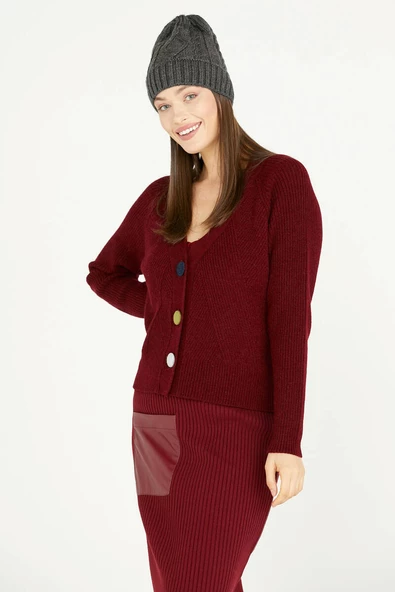 Renkli Düğmeli Triko Hırka - Bordo - Resim 2