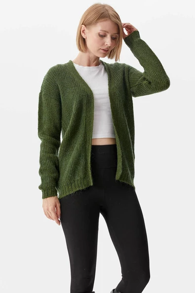 V Yaka Triko Hırka - Yeşil - Resim 3