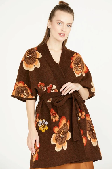 Çiçek Desenli Uzun Triko Ceket - Kahve - 2