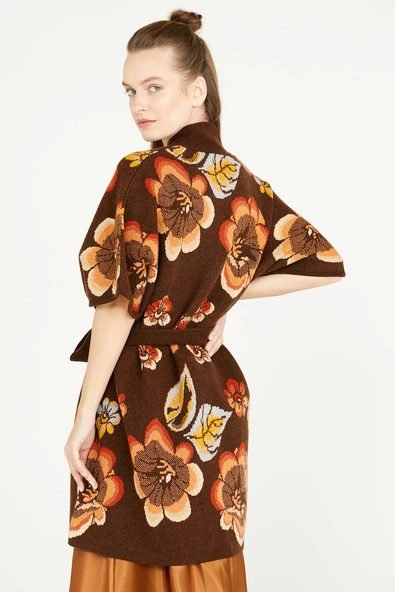 Çiçek Desenli Uzun Triko Ceket - Kahve - 4