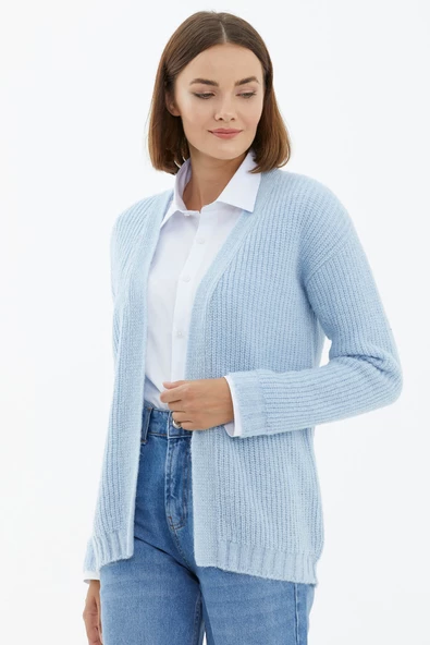 V Yaka Triko Hırka - Mavi - Resim 3