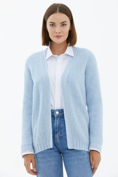 V Yaka Triko Hırka - Mavi - Resim 2