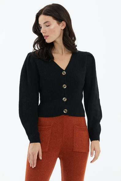 Balon Kol Düğmeli Triko Hırka - Siyah - Resim 2