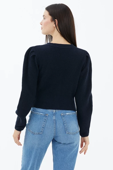 Balon Kol Düğmeli Triko Hırka - Lacivert - Resim 4