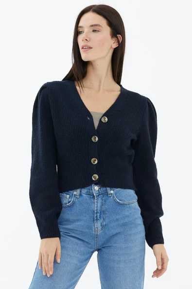 Balon Kol Düğmeli Triko Hırka - Lacivert - Resim 3