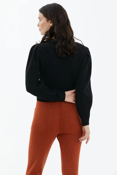 Balon Kol Düğmeli Triko Hırka - Siyah - Resim 4